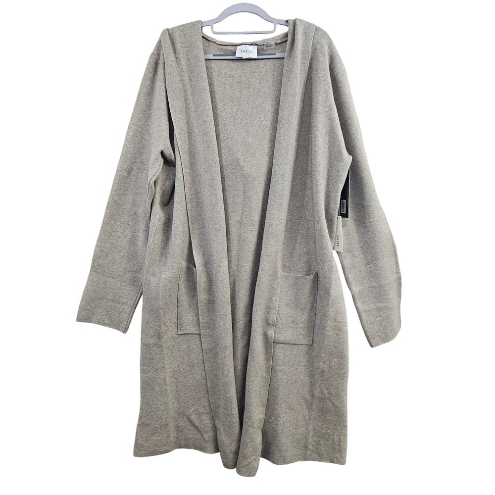 Korye Cardigan Women XL Taupe Solid Hooded Open Front Pockets Longline Knit Soft